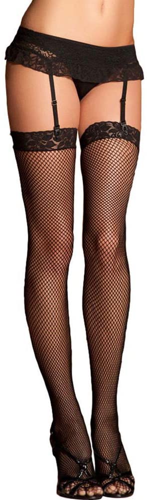Rene Rofe - Lace Top Fishnet Thigh High Black One Size