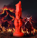 Red figurine with a fiery background and a creature-like figure.