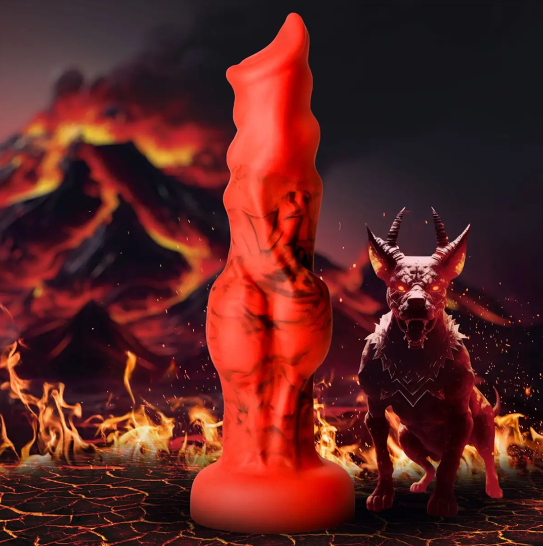 Red figurine with a fiery background and a creature-like figure.