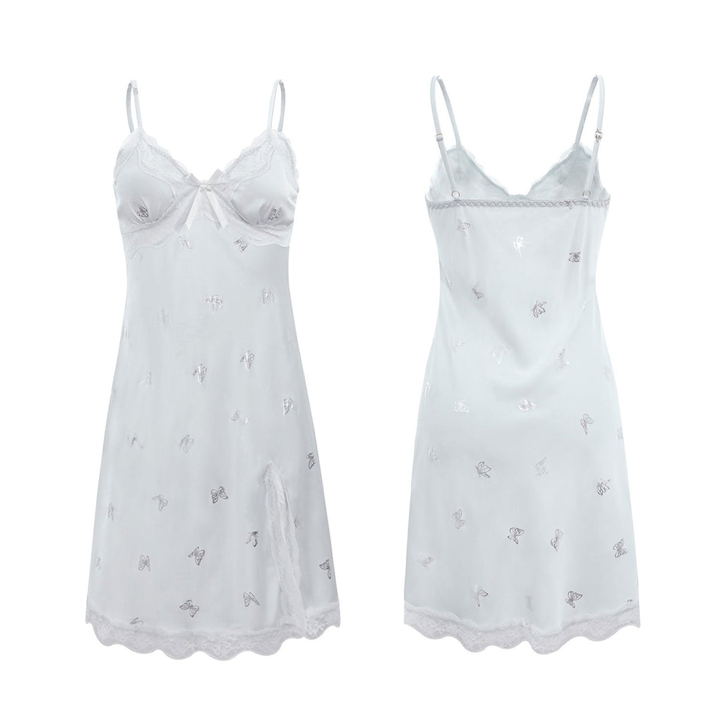Fee Et Moi - Butterfly Embroidered Light Blue Nightdress With Robe