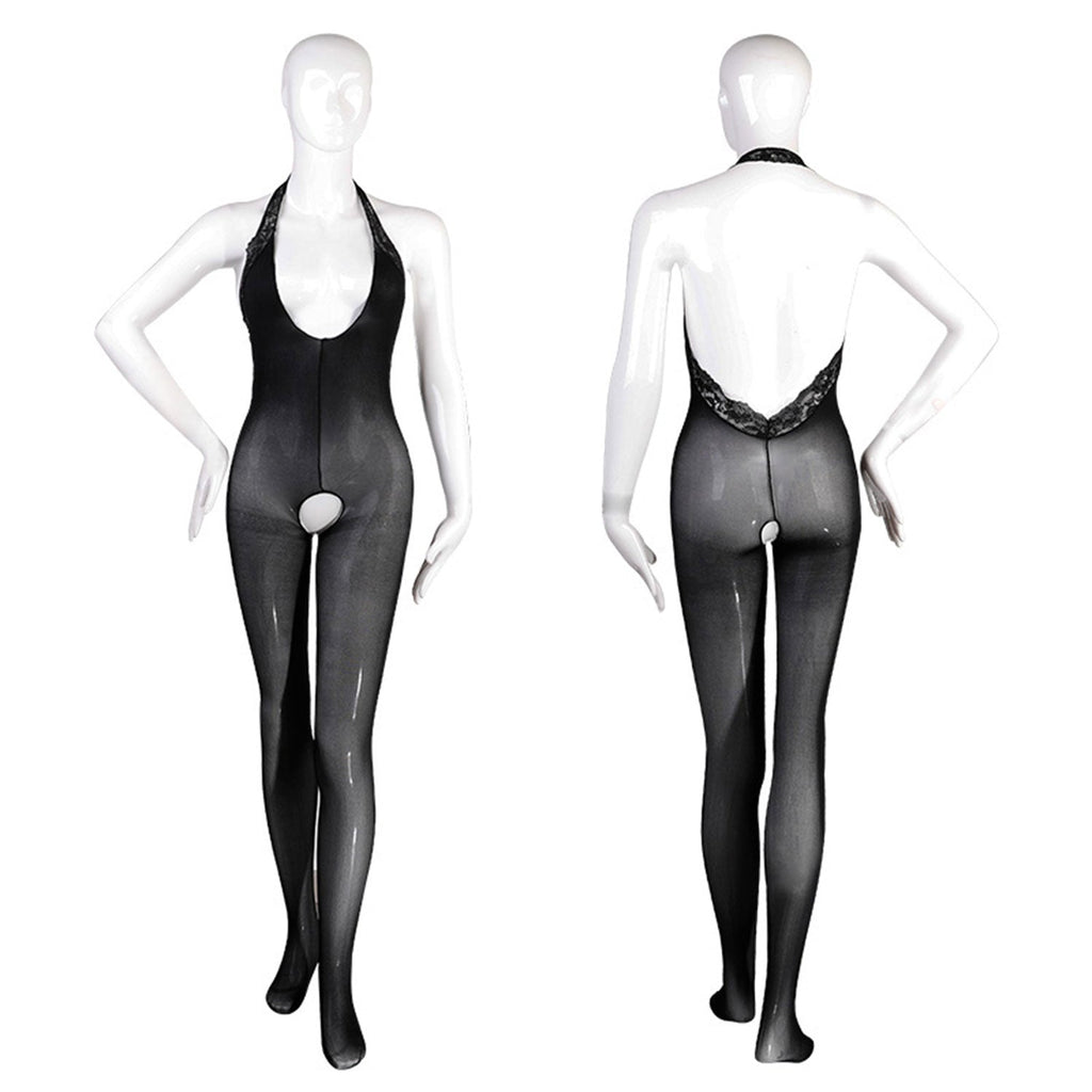 Fee Et Moi - Crotchless Sheer Black Lace Halter Bodysuit XL