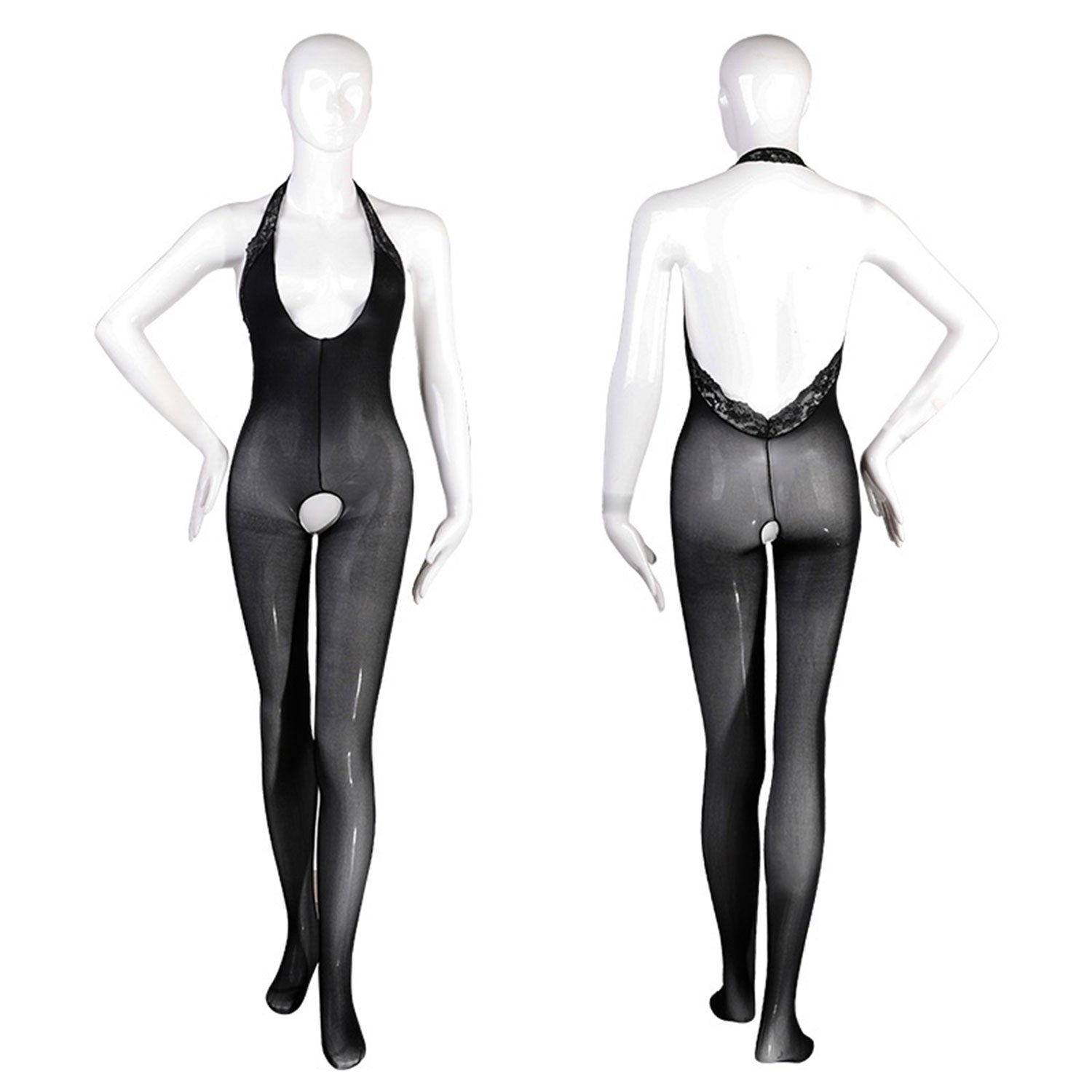 Fee Et Moi - Crotchless Sheer Black Lace Halter Bodysuit XL