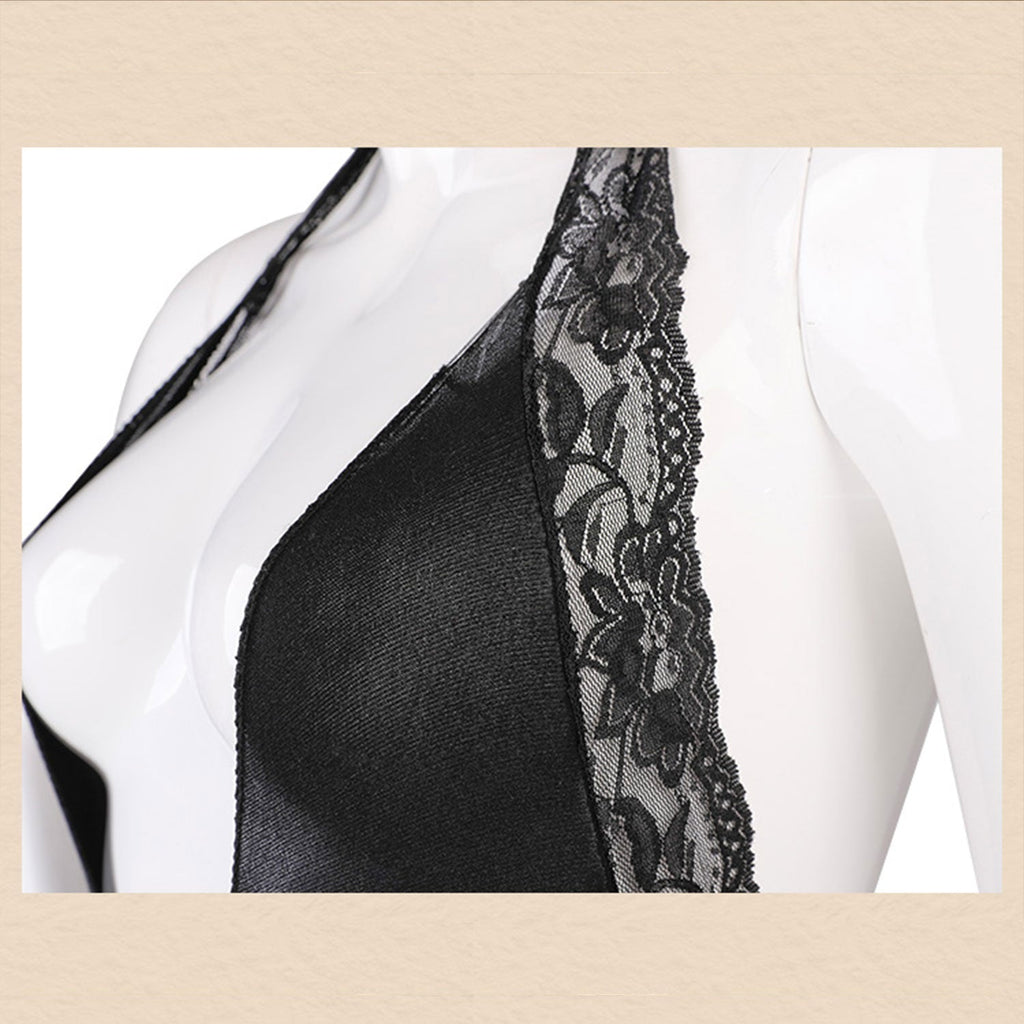 Fee Et Moi - Crotchless Sheer Black Lace Halter Bodysuit XL