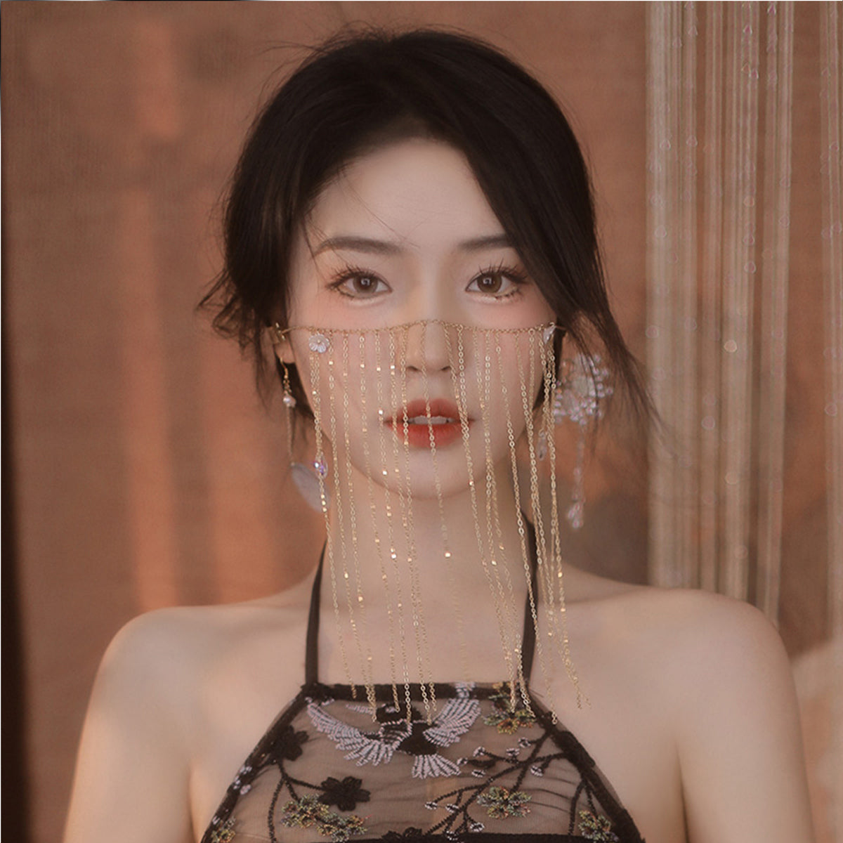 Fee Et Moi - Elegant Gold Chain Face Veil with Crystal Accents