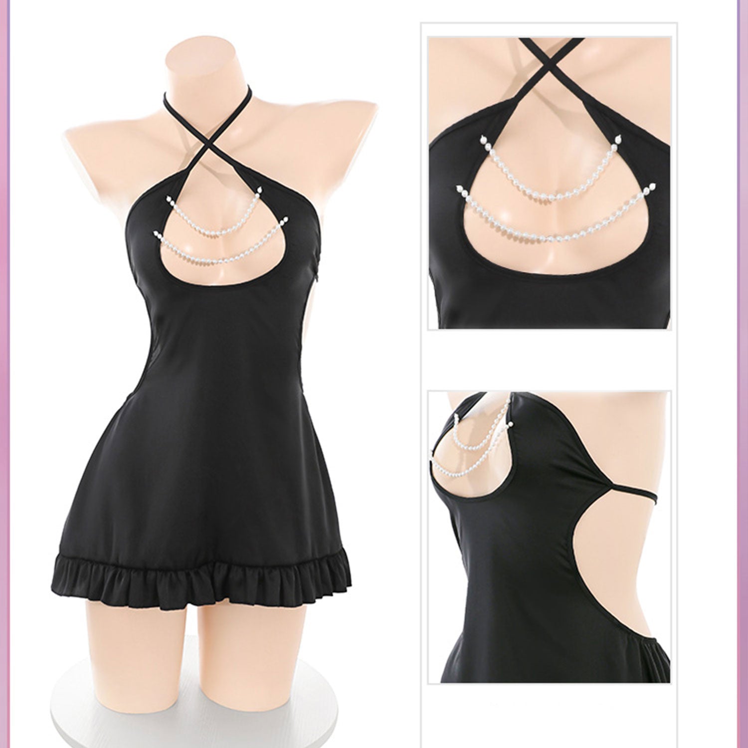 Fee Et Moi - Flirty Pearl Elegance Cut-Out Lingerie Night Dress Black