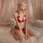 Fee Et Moi - Lace Temptation Bow-Adorned Sheer Lingerie Set Burgundy