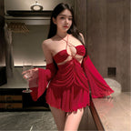 Fee Et Moi - Sexy Red Sheer Cutout Ruched Mini Dress