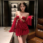 Fee Et Moi - Sexy Red Sheer Cutout Ruched Mini Dress