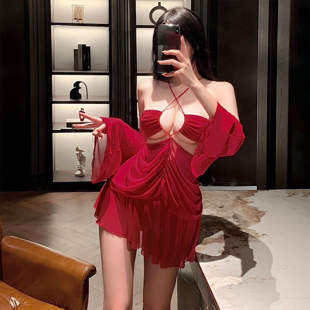 Fee Et Moi - Sexy Red Sheer Cutout Ruched Mini Dress