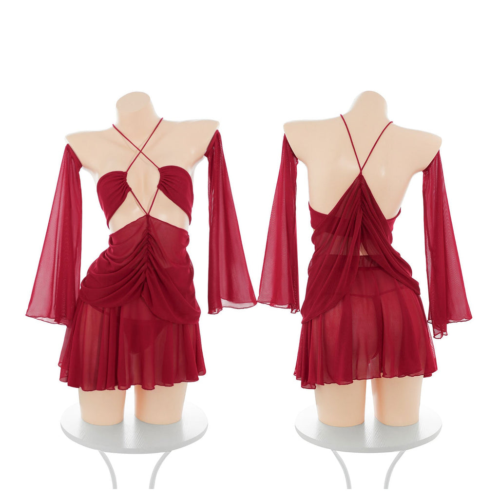 Fee Et Moi - Sexy Red Sheer Cutout Ruched Mini Dress