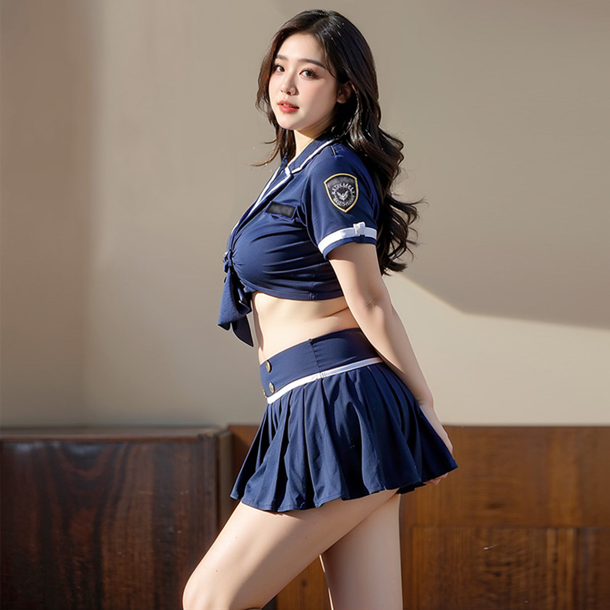 Fee Et Moi - Seductive Officer Tie-Front Top and Pleated Skirt Large