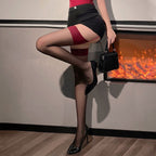 Fee Et Moi - Crotchless Sheer Thigh High Garter Belt Stockings Red Black One Size