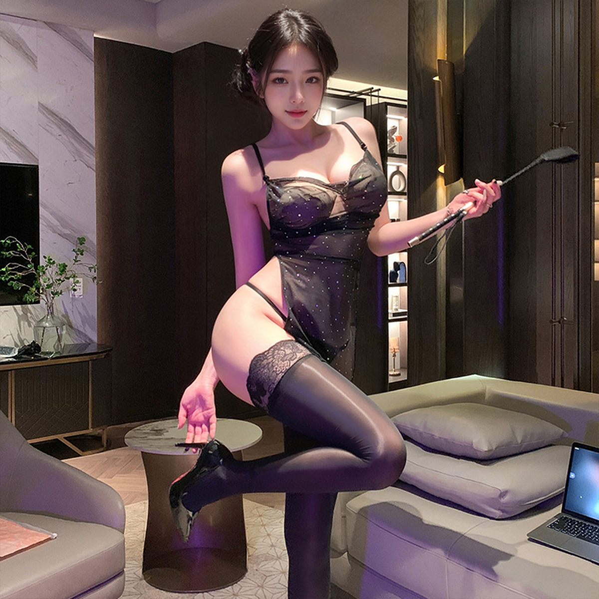 Fee Et Moi - Starlit Temptation Open-Side Sequin Lingerie Black