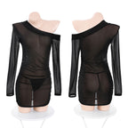 Fee Et Moi - Sultry Sheer Mesh One-Shoulder Mini Dress Black