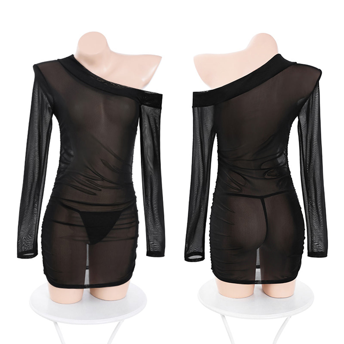 Fee Et Moi - Sultry Sheer Mesh One-Shoulder Mini Dress Black