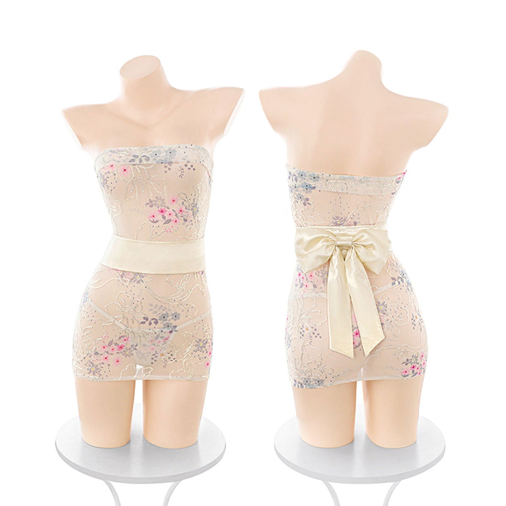 Fee et Moi - Floral Embroidered Mesh Kimono Tube Dress Pink XL