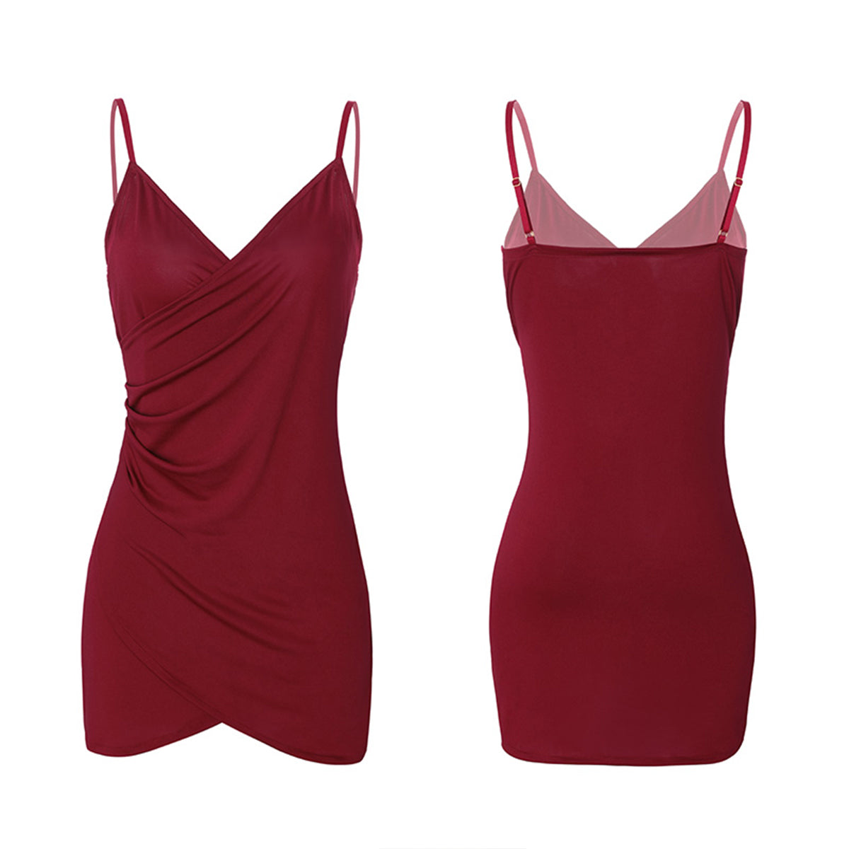 Fee Et Moi – Deep V-Neck Ruched Slip Nightdress Wine Red XL