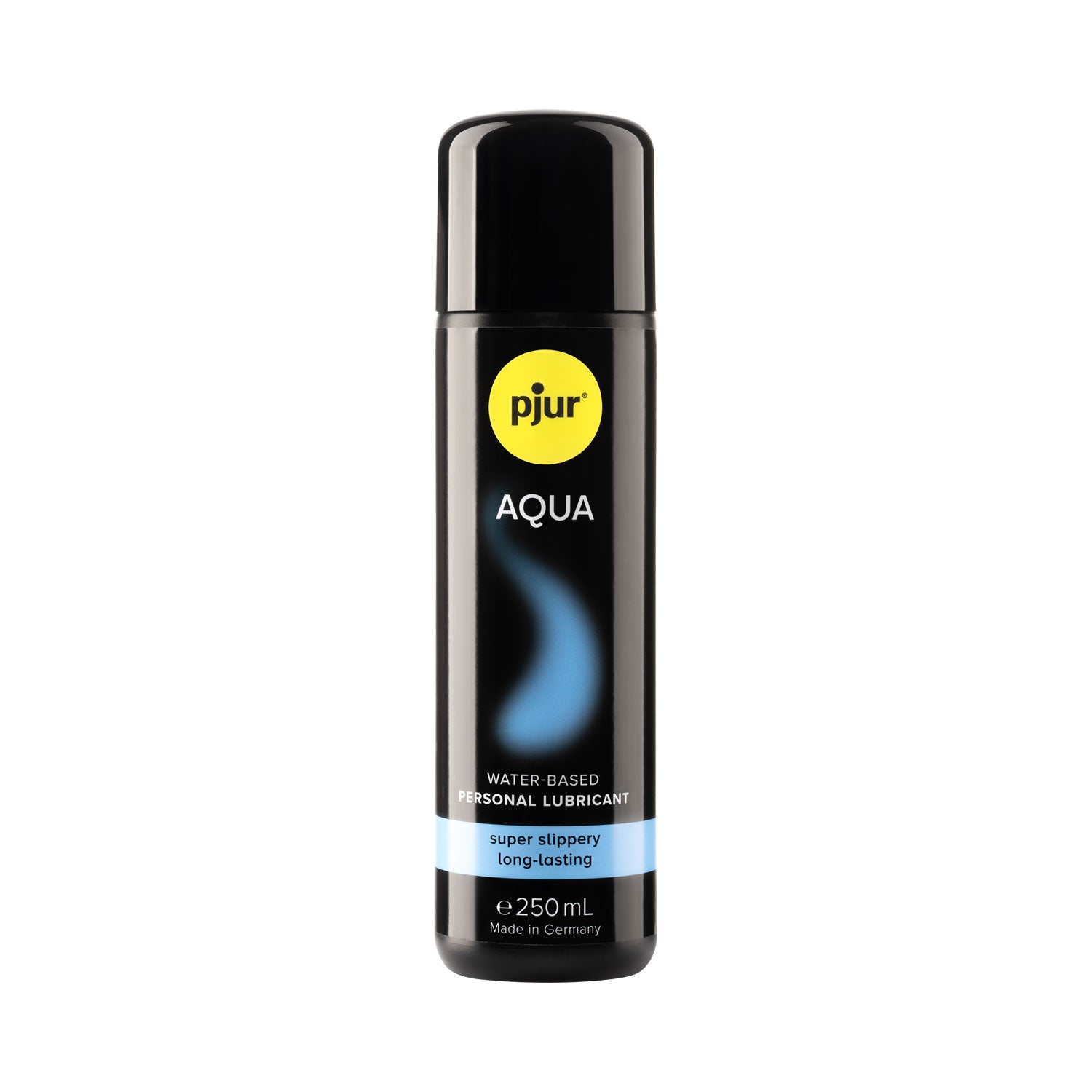 Pjur Aqua water-based lubricant in a 250ml bottle with a black and blue label, indicating it is made in Germany and is toy-safe.