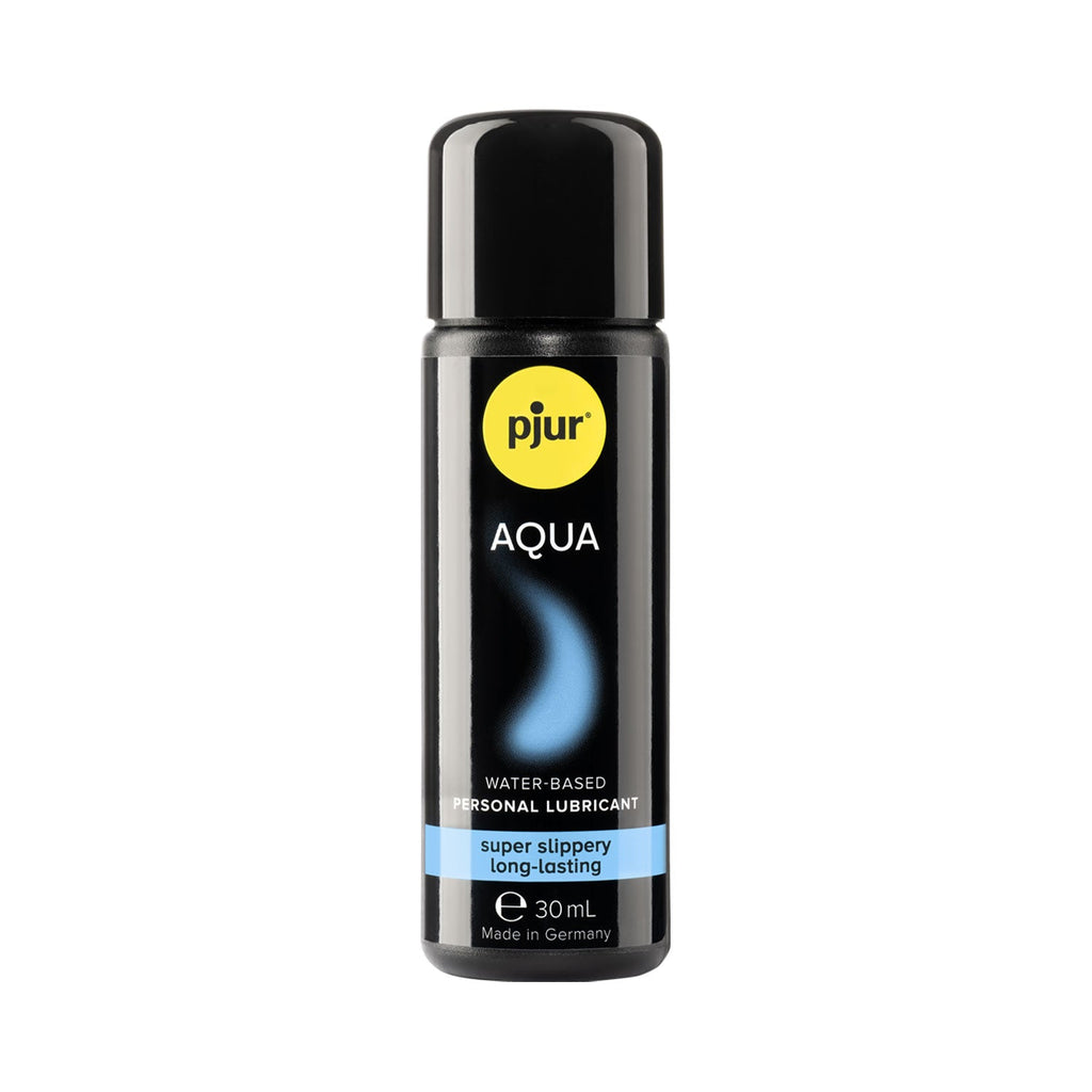 A black bottle of Pjur Aqua Water-based Personal Lubricant in a 30ml size, labeled as super slippery and made in Germany.