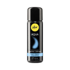 A black bottle of Pjur Aqua Water-based Personal Lubricant in a 30ml size, labeled as super slippery and made in Germany.