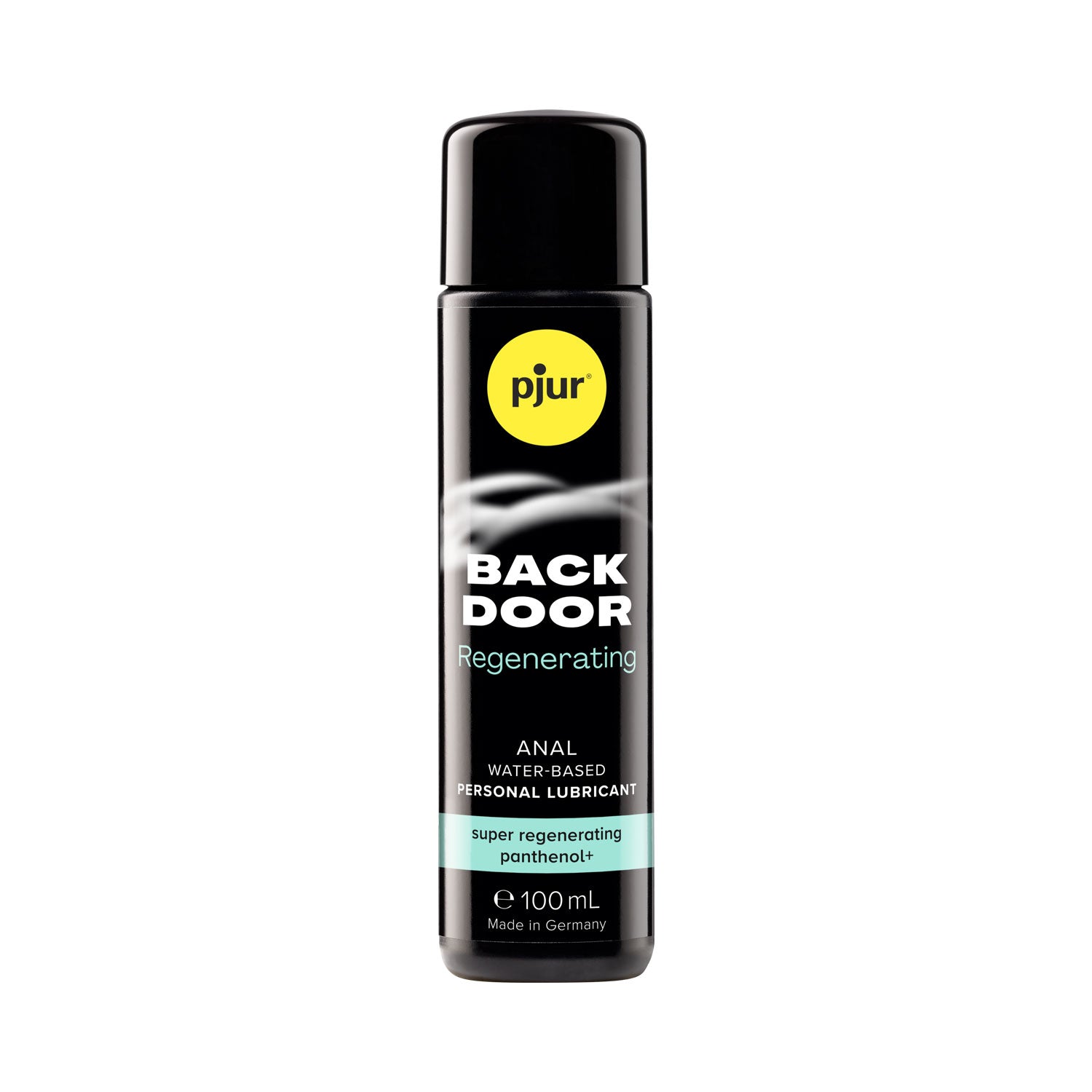 A black bottle of Pjur Back Door Super Regenerating personal lubricant with a label showing the product name and the fact that it is made in Germany. The bottle has a capacity of 100 ml.