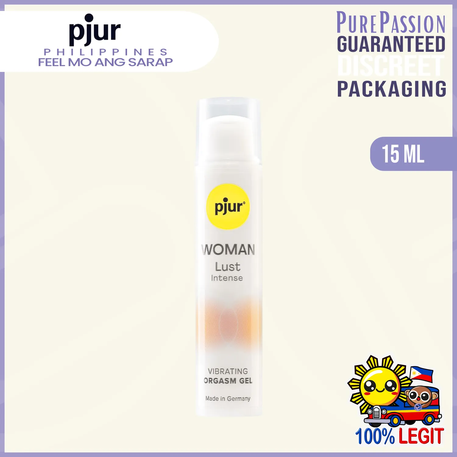 Pjur Woman Lust Intense product packaging with branding and product details on a white background.