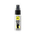 A can of Pjur Superhero Performance Strong Spray, a delay spray for men, with a gray and yellow label design.
